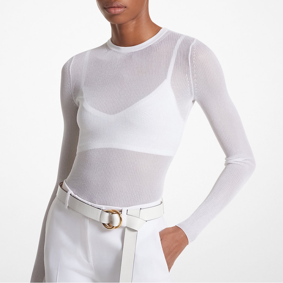 Michael Kors Collection White Ribbed Sheer Viscose Blend Sweater And Bra Top